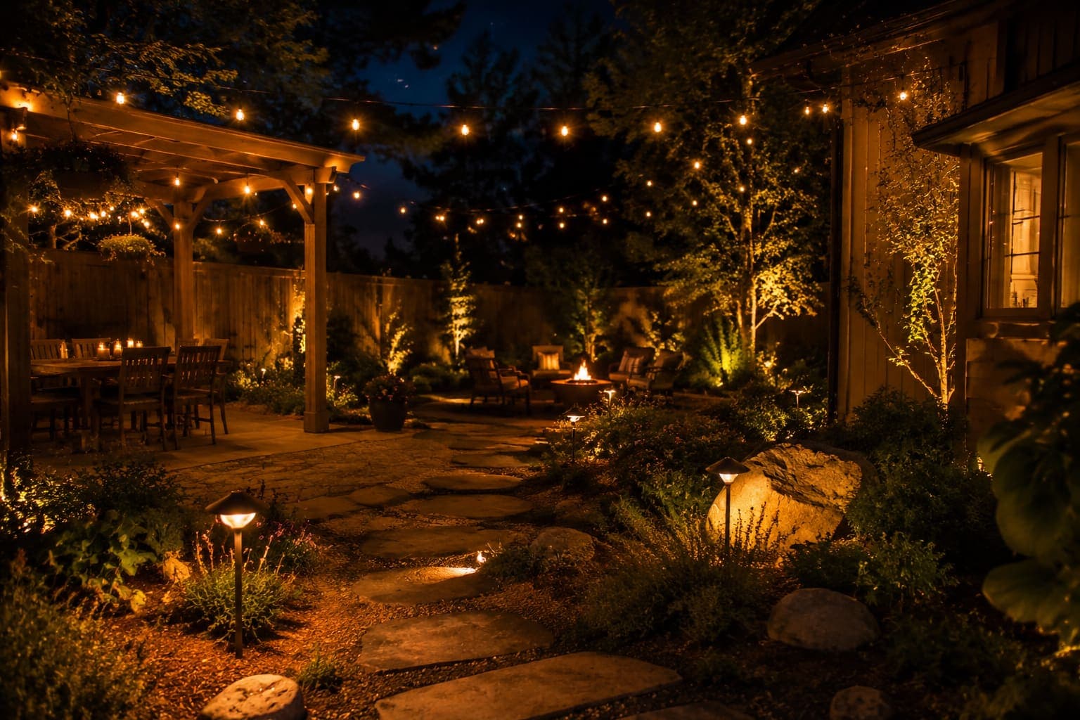 A warmly lit backyard at night