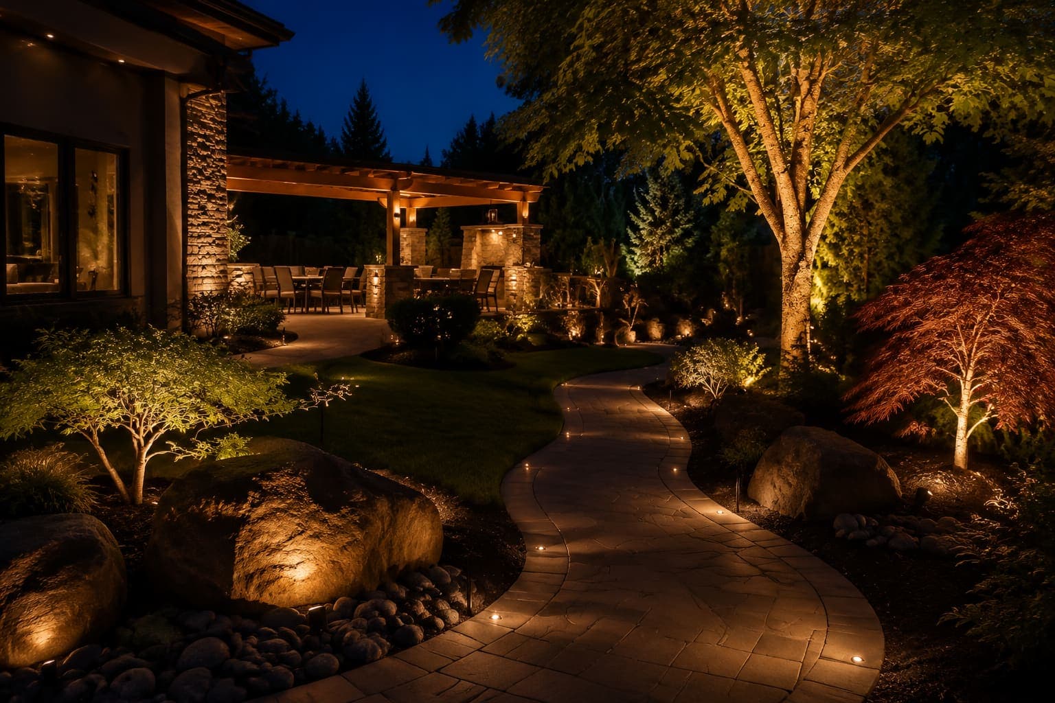 A landscape lighting layout illuminating a garden path and patio